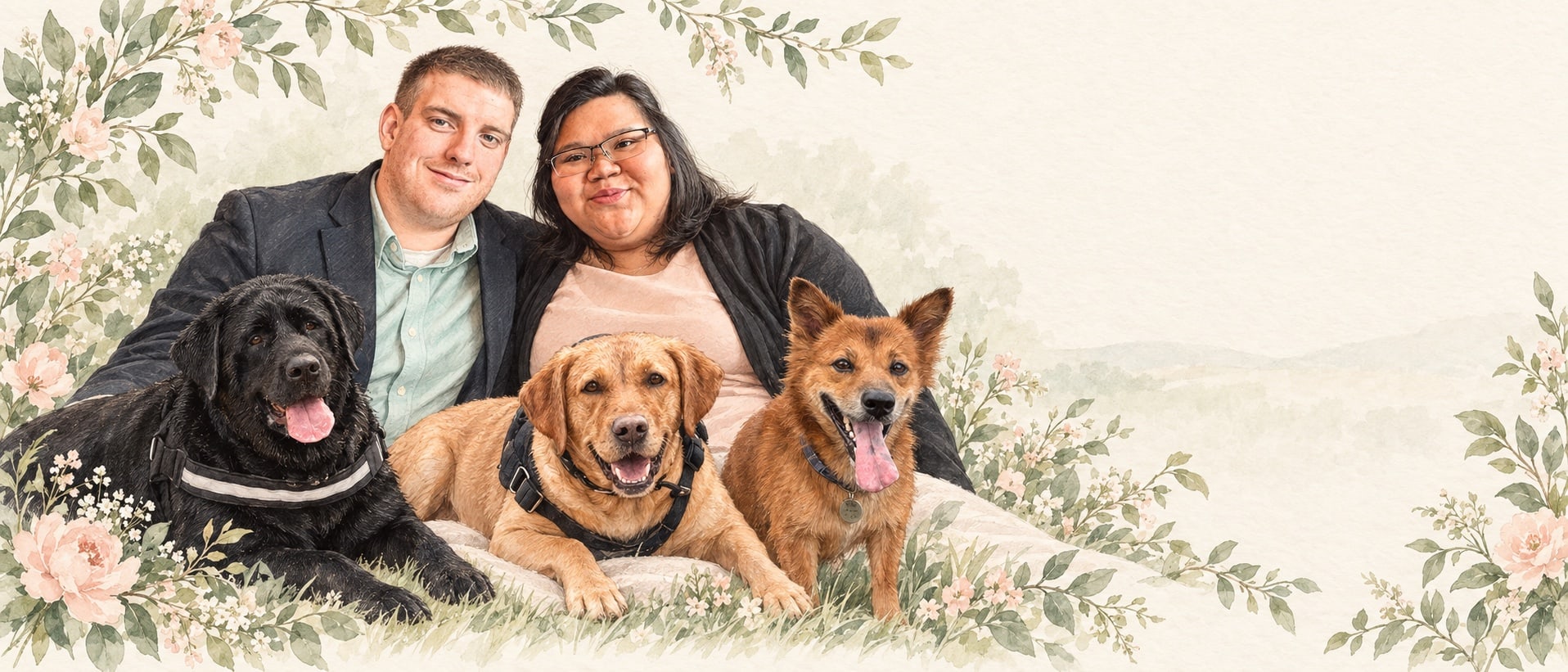 Phoebe and Jeff with their three dogs, painted in watercolour within a border of leaves and blossom.